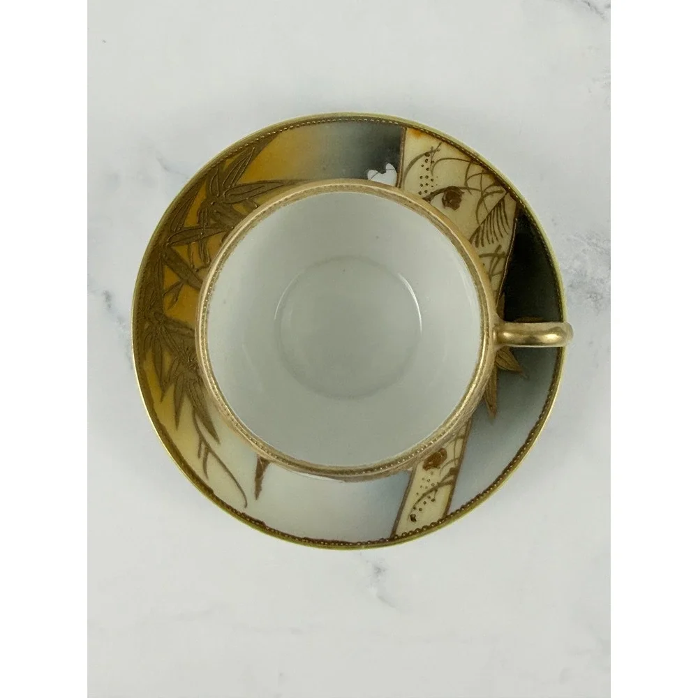 VTG Mt. Fuji Japan Hand Painted Teacup and Saucer Bamboo Gilded